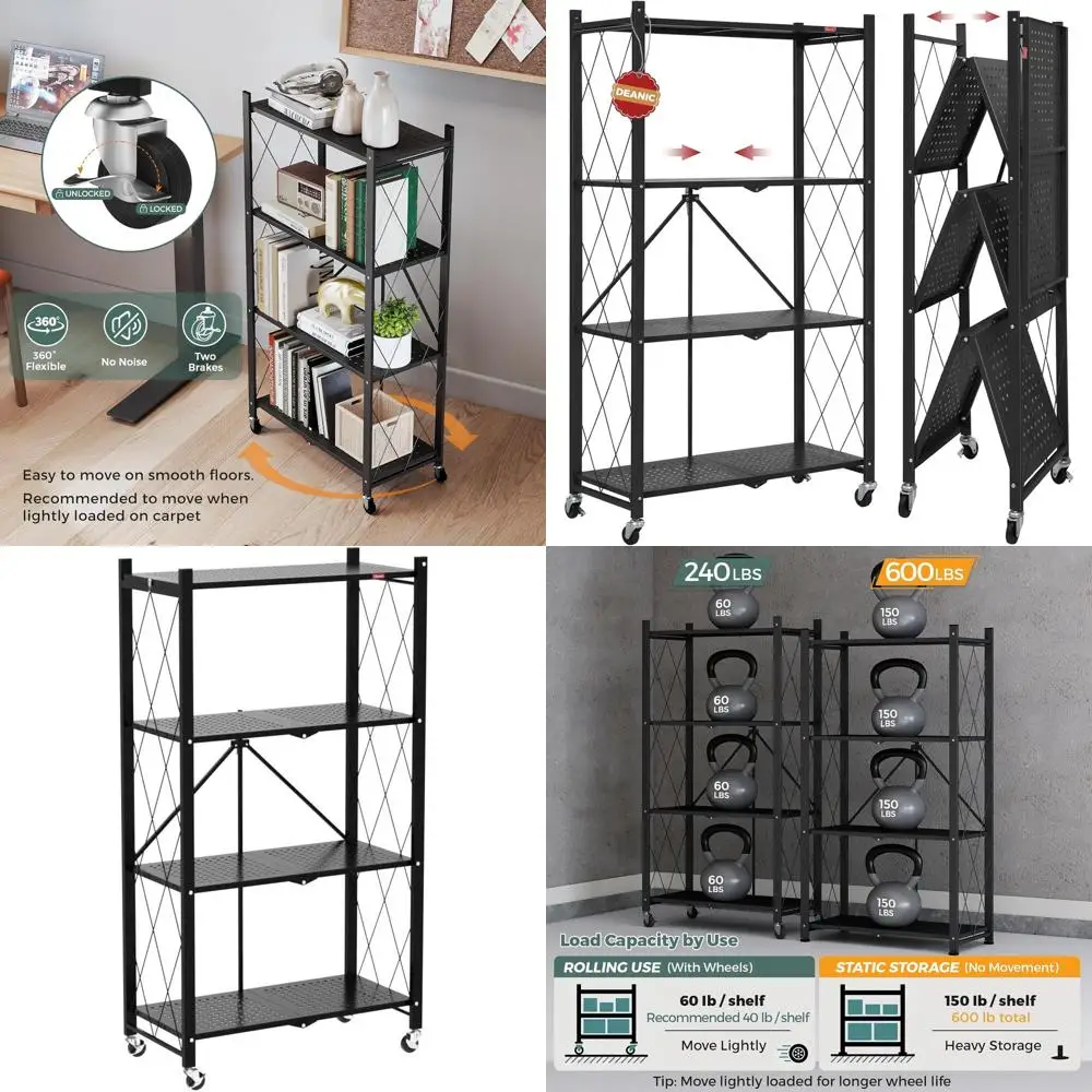 

4-Tier Rolling Storage Shelves, Easy Assembly, Ideal for Kitchen, Garage, Pantry, and Events (Black)