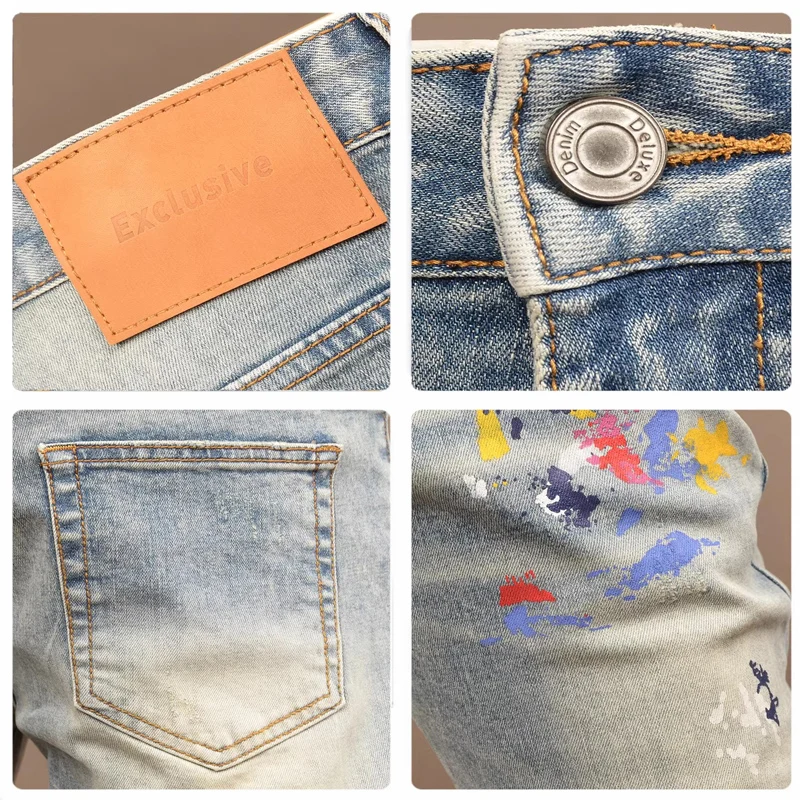 

Fashionable new men's jeans with painted scratches, washed with water, nostalgic stretch, slim fit, retro light blue jeans, desi