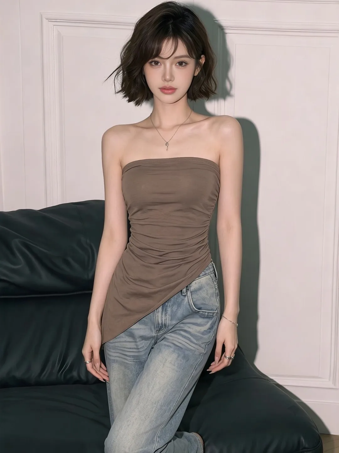 

American Desert Style Kaki Color Asymmetrical Hem Tube Top Women's Summer Slimming Sexy Sleeveless Shirt Hot Girl