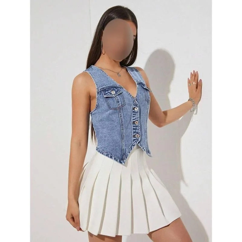 

Women's Cowboy Patchwork Vest D 96686 Denim Cross-Border Fashion Inner Wear Regular Length Other Material 100%