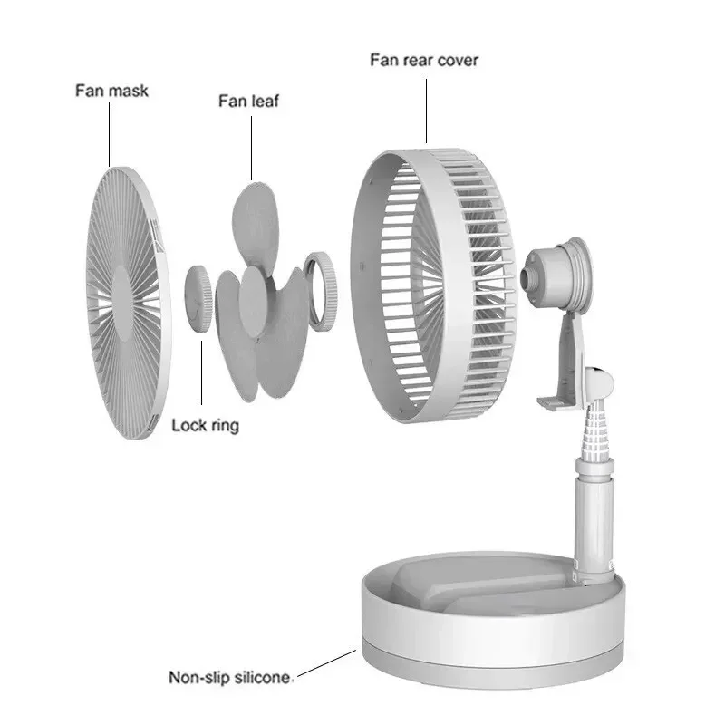 Ventilador plegable portátil recargable por USB, ventilador de suelo de poco ruido para exteriores, hogar, inalámbrico, 4 velocidades, Camping,