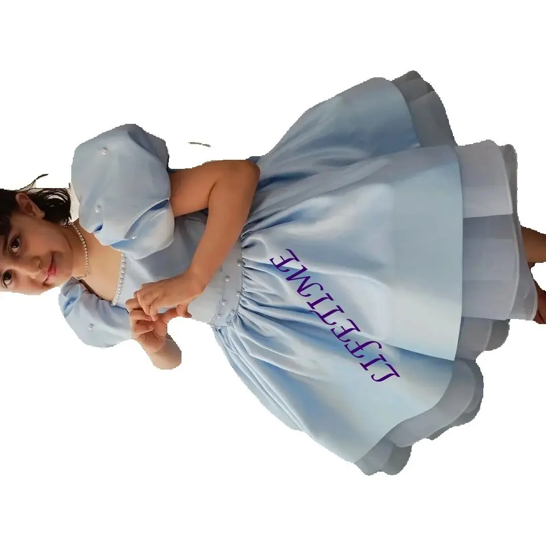 

Customized Blue Flower Girl Dress For Wedding Pearls Puffy Satin Ruffles Kids Birthday Pageant First Communion Baby Ball Gown