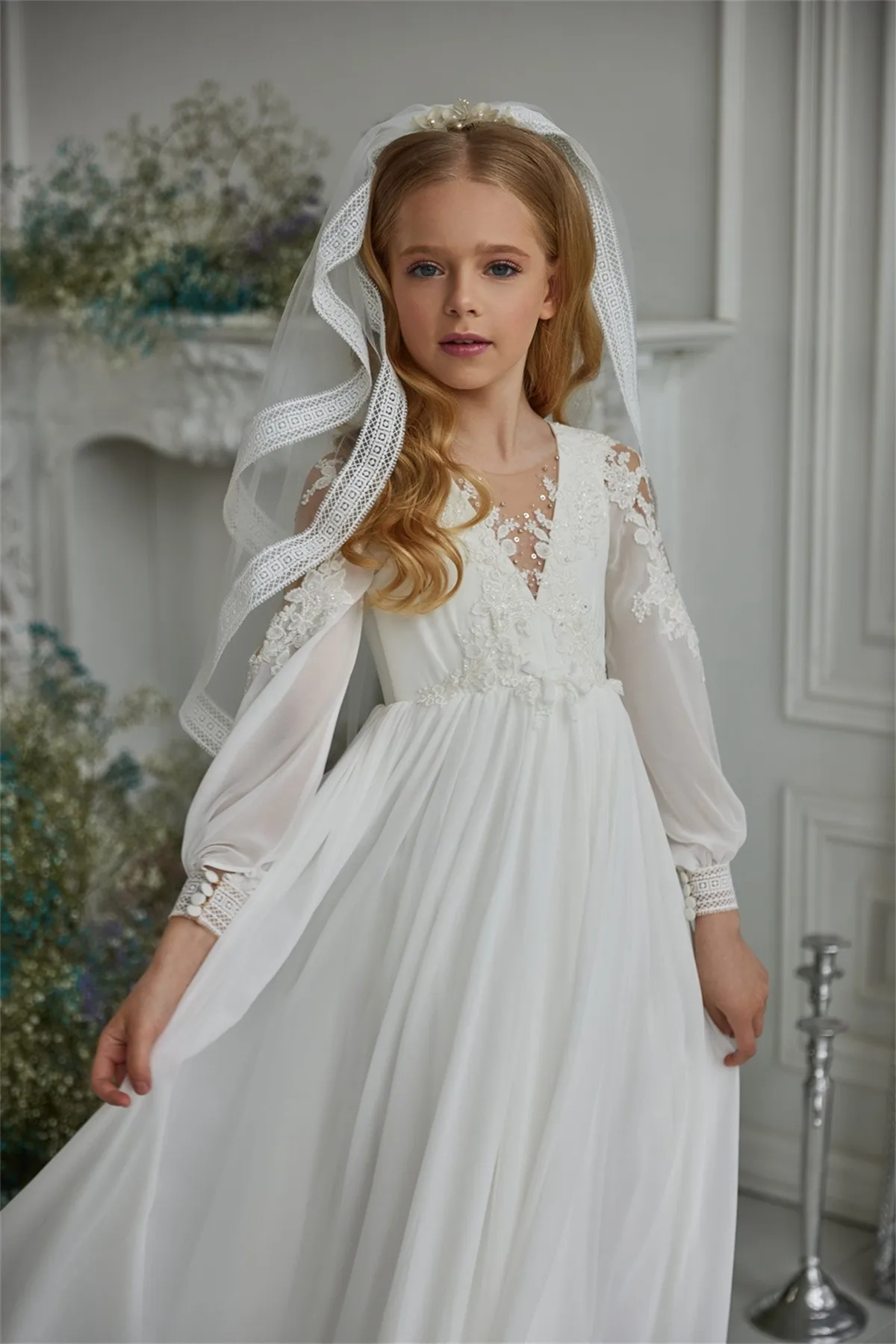 First Communion Dress Square Neck Buttons Short Sleeves Robe Lace Up Back Tulle Princess Flower Girls' Dresses