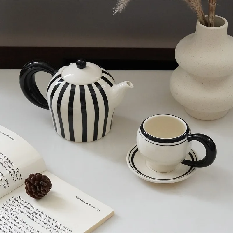 Light Luxury Retro Striped Ceramic Tea Set, Home Use, Ins Style, Pot Cups Combination, Gift Set