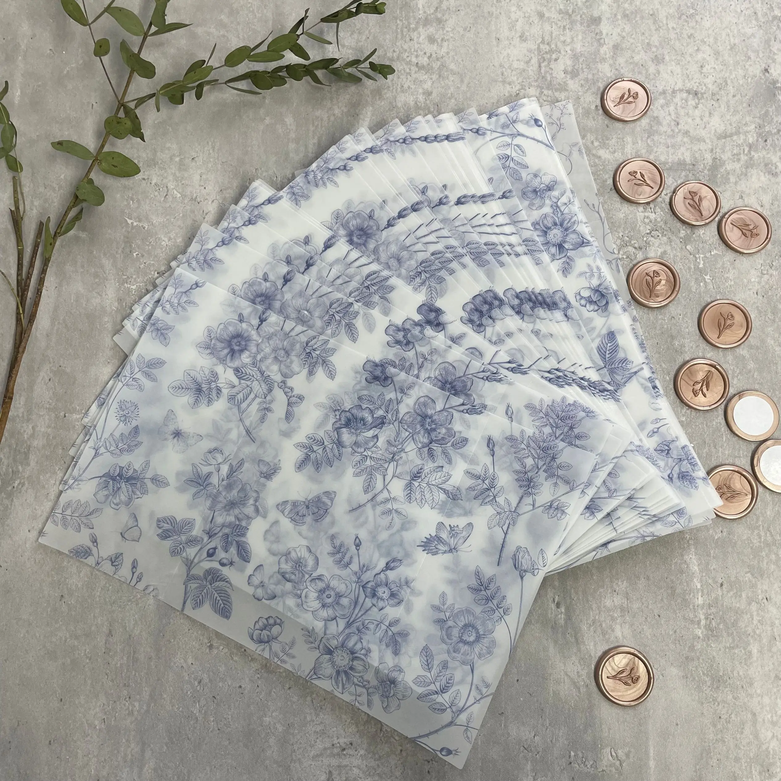 5*7in Blue Floral Vellum Wrap for Wedding invitations.50/100pcs