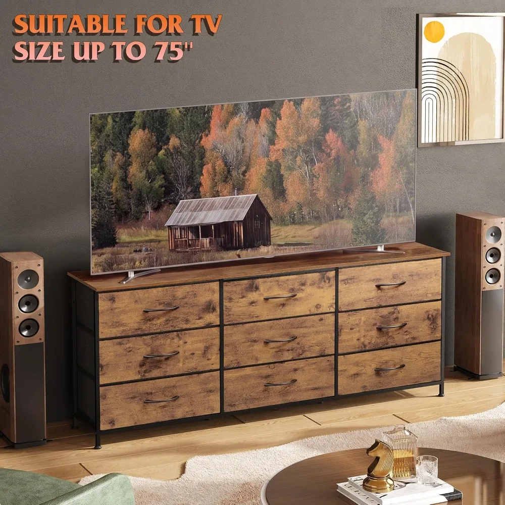 TV Stand for 75 Inch TV, 9 Drawer Dresser, Rustic Brown | Fits TVs up to 75 inch, 9 roomy fabric drawers,Customized