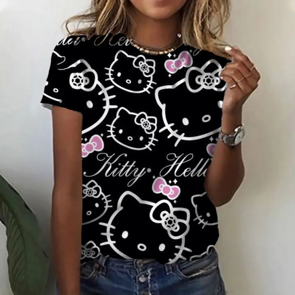 Summer Women T-shirt 3D Fashion Hello Kitty Printing Harajuku T Shirt Oversized Girls Tee Clothing O-Neck Top New Short Sleeve