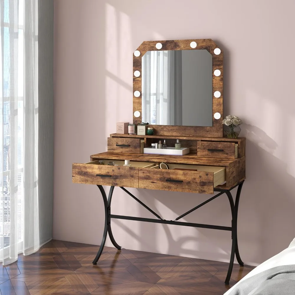 Vanity Table with Lighted Mirror, Modern Makeup Vanity Table with 10 Lights Makeup Desk 4 Drawer Storage Dressing Table for