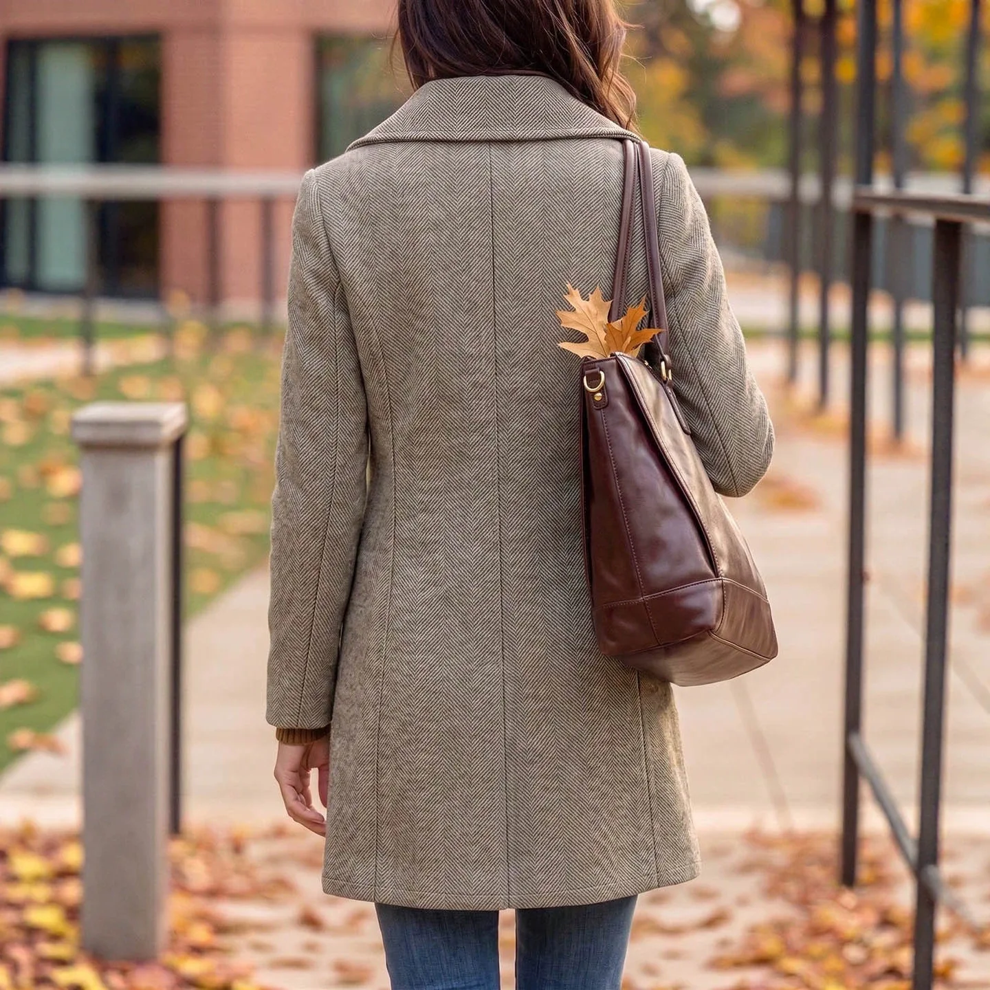 Autumn. And Winter Women's Outerwear:   Herringbone Pattern, Large Lapel, Single-breasted With Pocket Design, Slimming Effect,