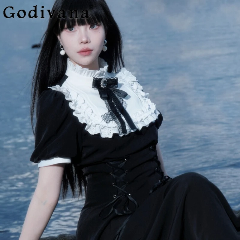 여성 여름 우아한 로리타 스타일 드레스 오리지널 디자인 프랑스어 레트로 드레스 여성 블랙 허리 Cinching 레이스 롱 드레스