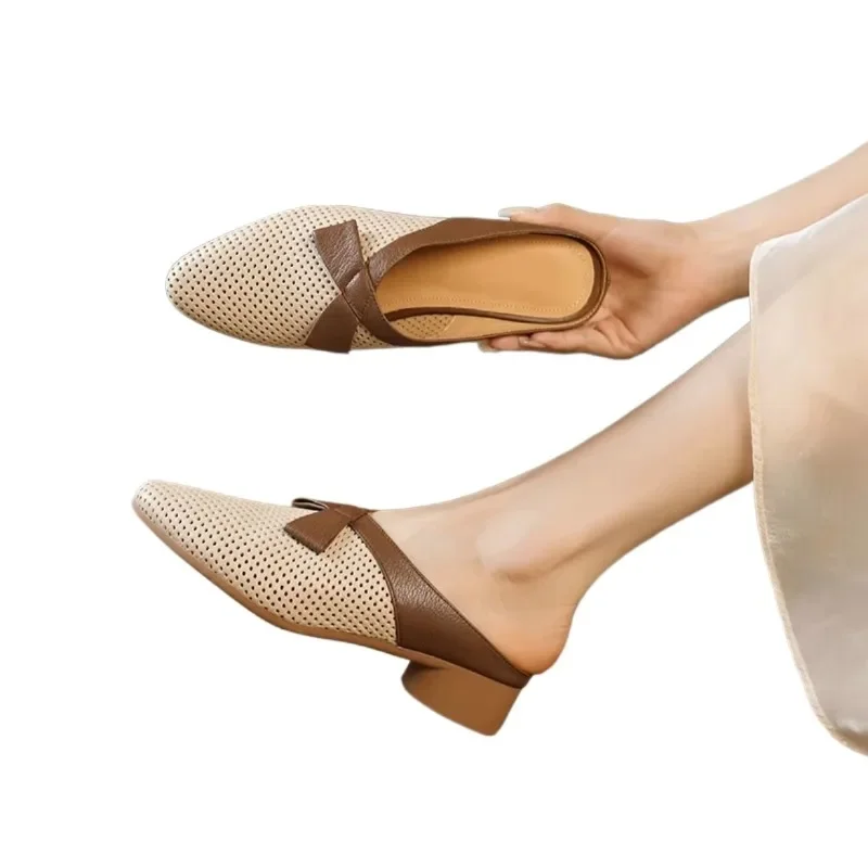 Mesh Mid Heel Modern Slippers Butterfly-knot Square Heel Shoes Female 2024 Hot Sale Solid Summer Concise Women\'s Slippers
