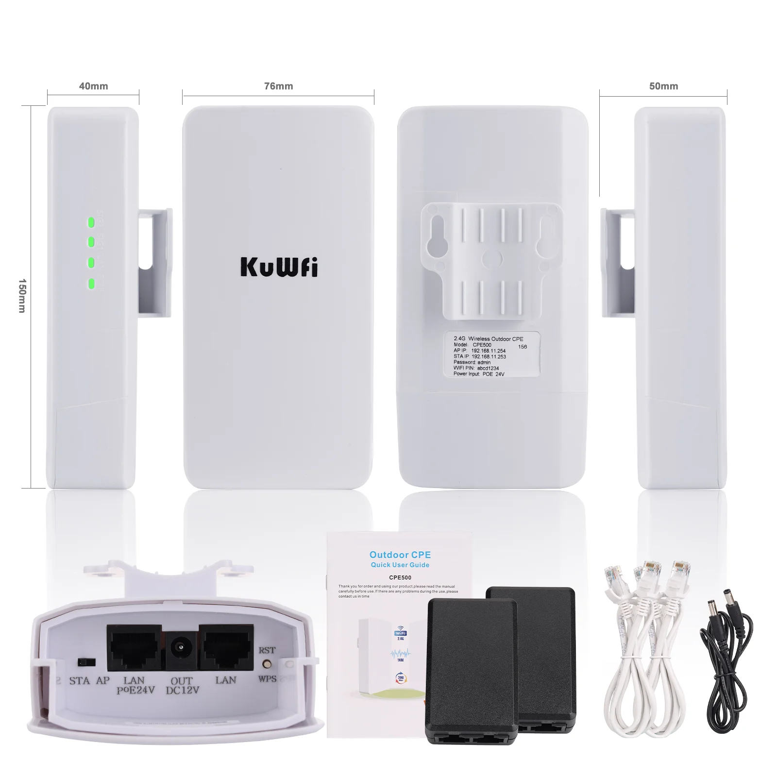 KuWFi-Roteador WiFi ao ar livre, poderoso repetidor sem fio, extensor de longo alcance, ponte, 1km, ponto a ponto, 2.4Ghz, 300Mbps