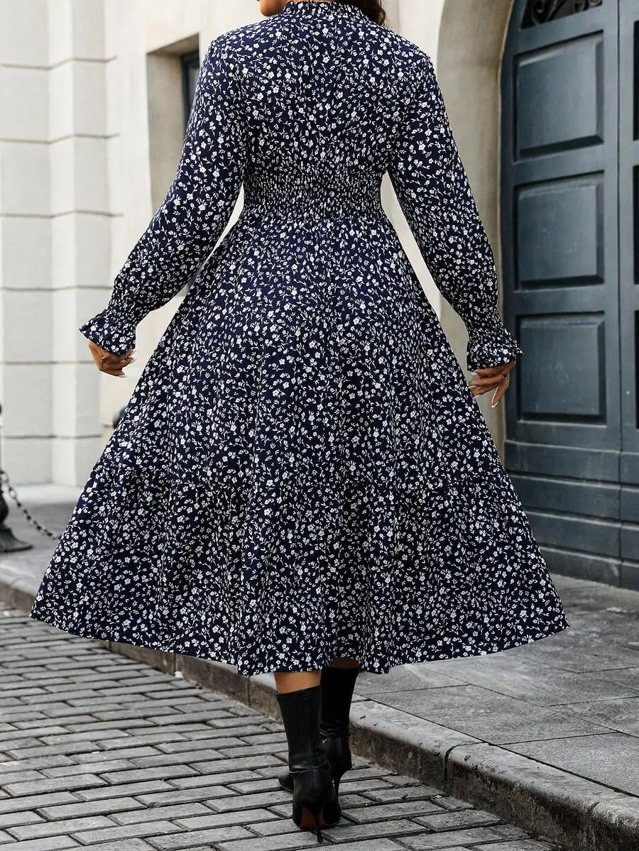 

Ditsy Floral Long Sleeve A-Line Midi Dress For Women