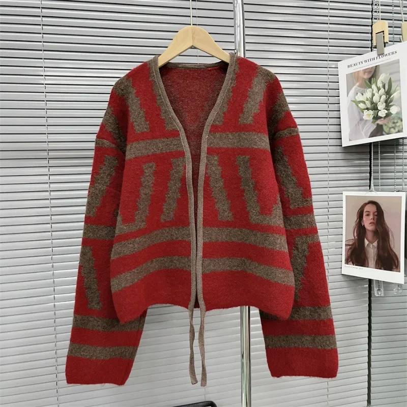 Neploe Color Blocking Vintage Stile Pigro Maglione Cappotti Femme 2024 Autunno Inverno di Nicchia Spessa Casual LooseV-Collo Cardigan Lavorato a Maglia