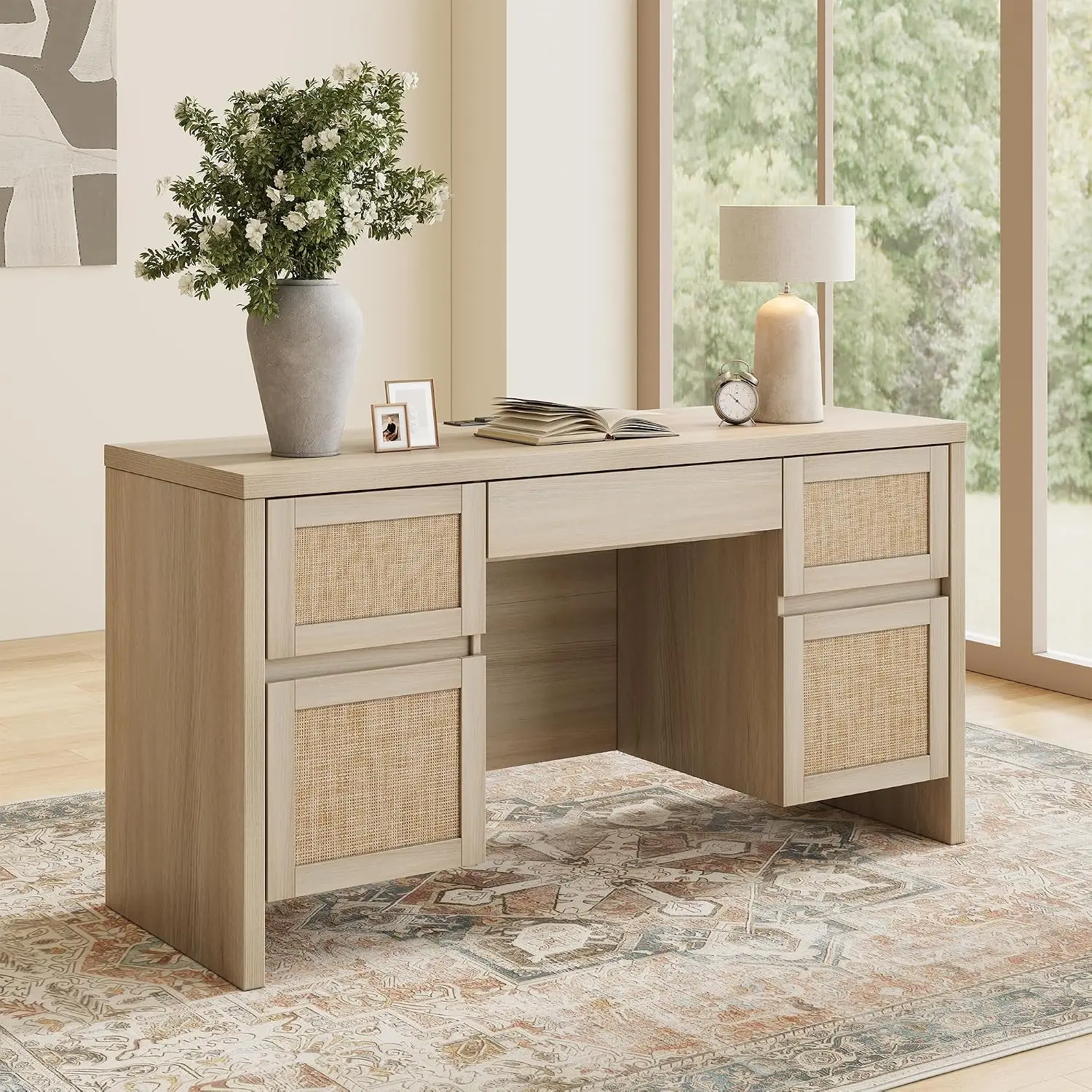 Rattan Executive Desk 5 Drawers Charging Station, 57