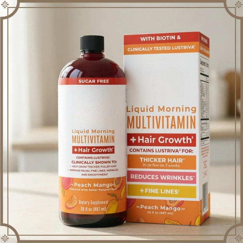 Multivitamínico Líquido + Crecimiento del Cabello - 10,000mcg Biotina y Lustriva Probado para un Cabello Más Grueso y Reducción de Arrugas Sabor Melocotón Mango 30 ml