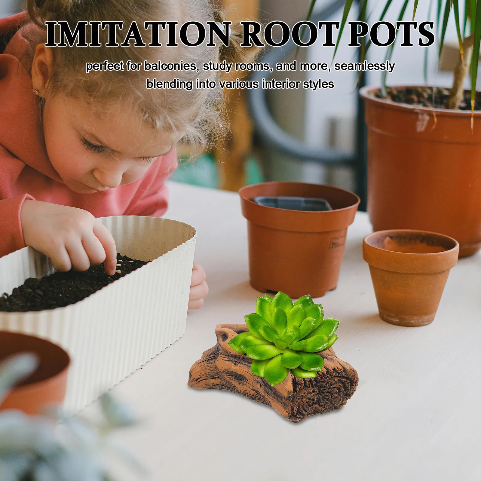 Creative Vintage Cement Planter Mimicking Natural Tree Roots Rustic Wood Texture Mini Succulent Pot Unique Artistic Home Desk