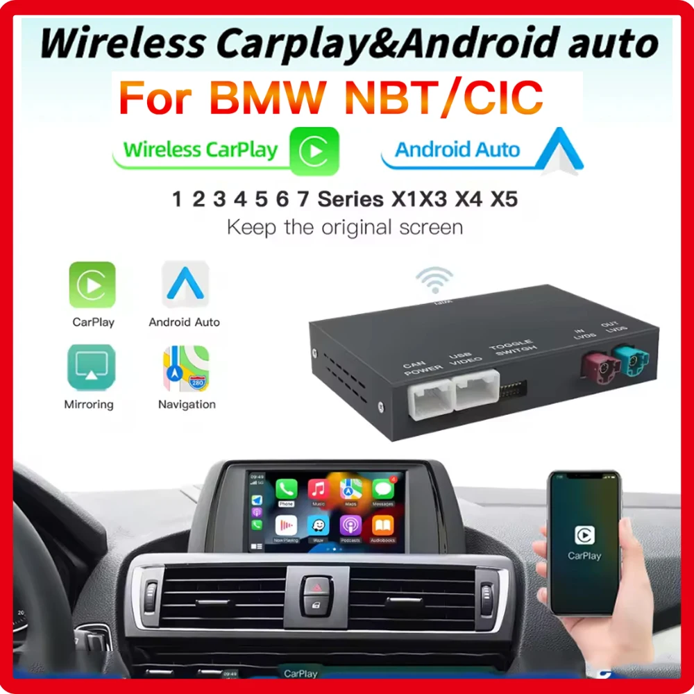 Carplay sem fio Android para BMW 3 5 7 X1 X3 X4 X5 X6 sistema CIC E60 F10 F11 F07 F01 E84 F25 F26 E70 E71 Airplay câmera