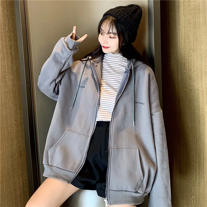 Korean Fashion Young Style Streetwear Zip Up Hoodie Women Girls Kawaii Big Loose Casual Oversized Sweatshirt Cheap Wholesale