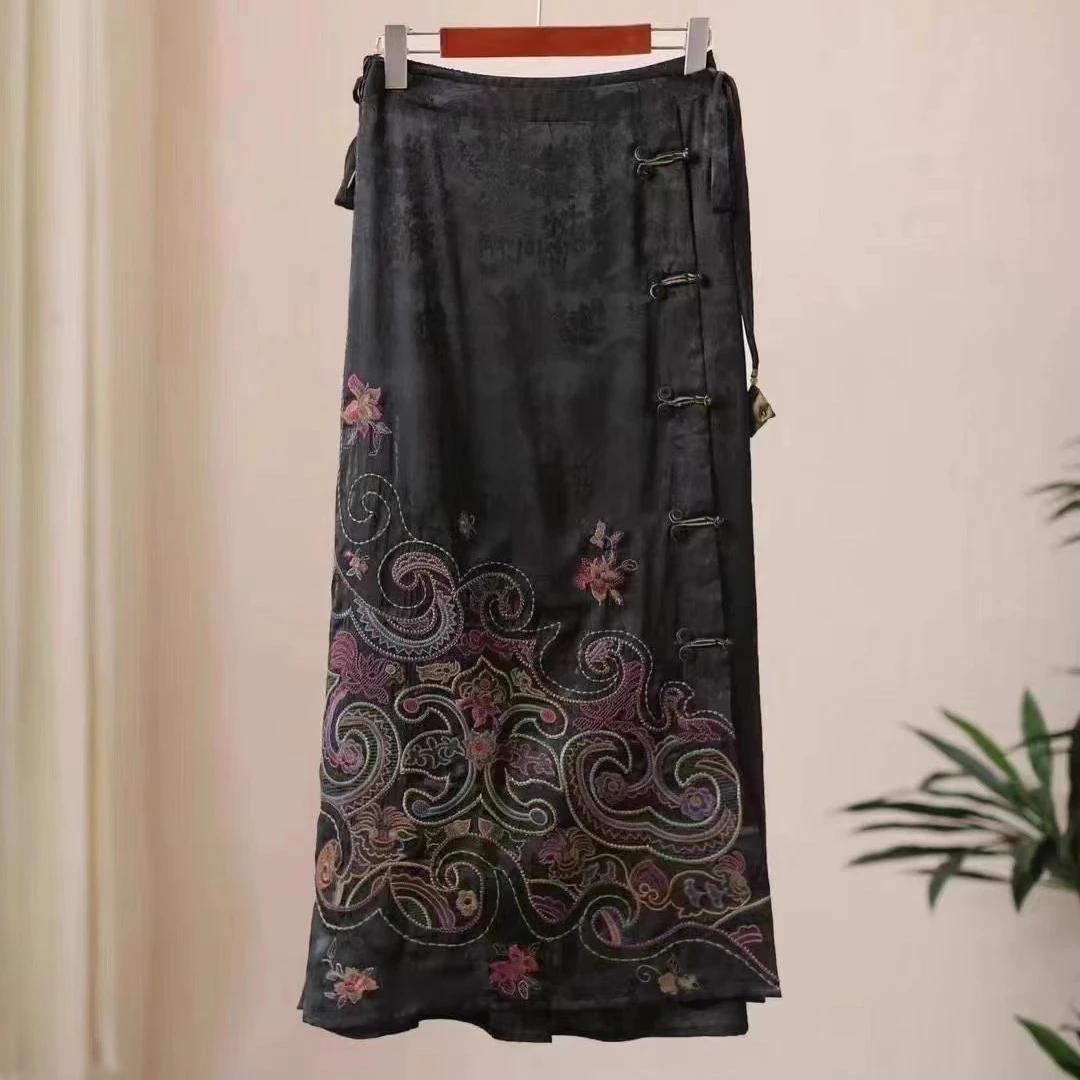 

TOP Embroidery Women's skirt Vintage A LINE Black long skirts jacquard weave large size Tencel skirt Ladies clothes