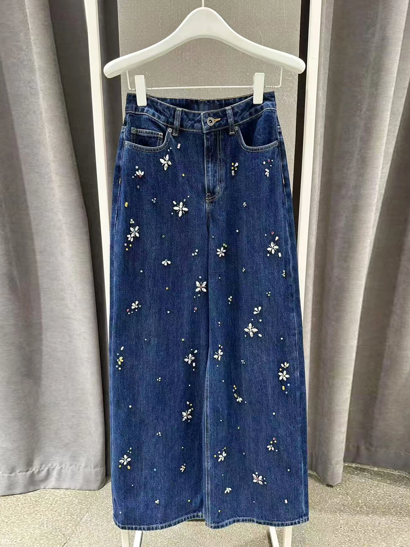 

High Waist Wide Leg Denim Jeans Women's Autumn Design Heavy Embellied Diamond Casual Waed Blue Jeans Breathable Comfortable