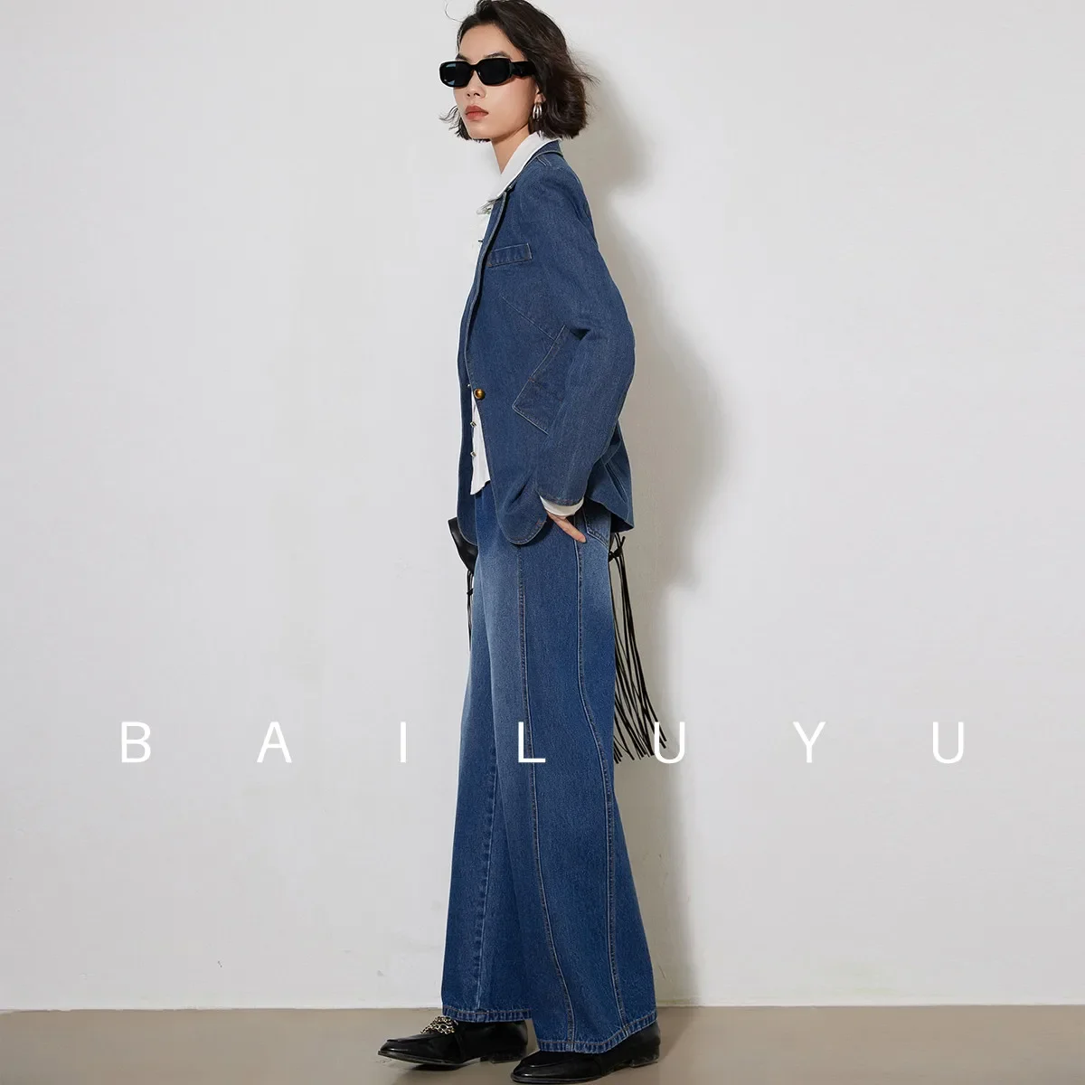 LOUIS YAO Women Denim Coat 2024 Spring Autumn Retro Style One Button Jacket Elegant Fashion Turn Down Collar Long Sleeve Coat