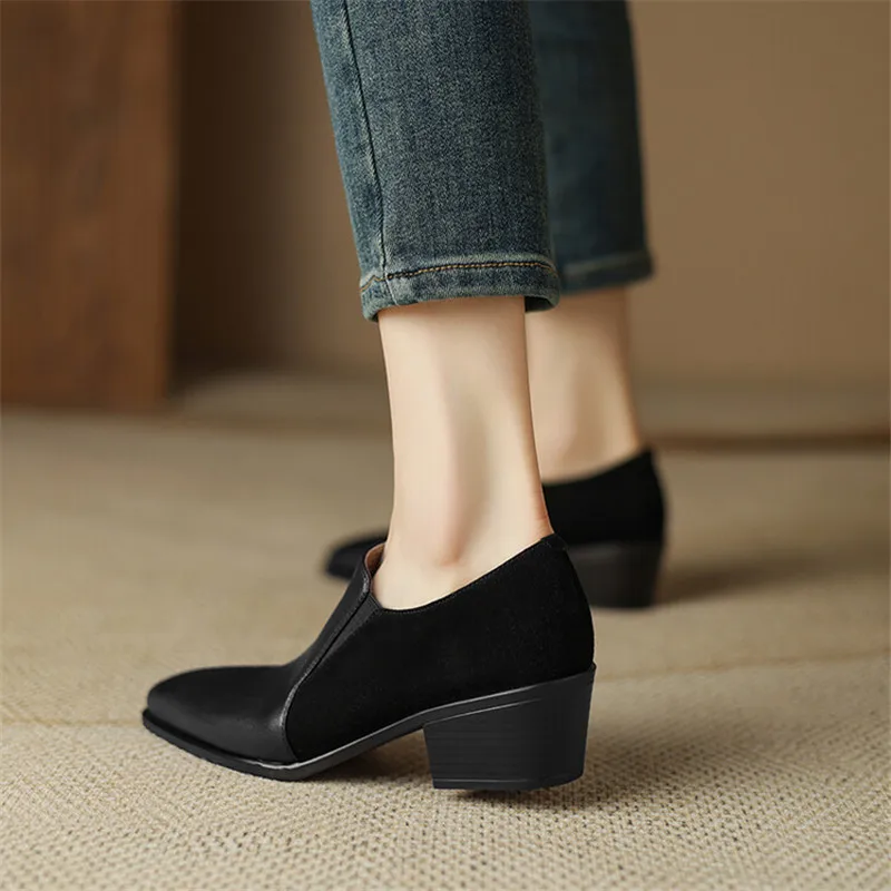 2023 New Autumn Women Loafers Genuine Leather Pointed Toe Chunky Heel Shoes Winter Women Pumps Shoes for Women Zaptos De Mujer