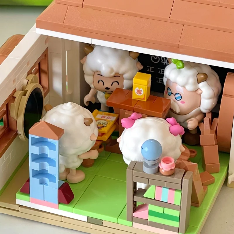 Cartoon Anime Sheep's School Building Blocks Chubby Coat School Assembly Model Street Scene Architecture Ornament Toy Gif