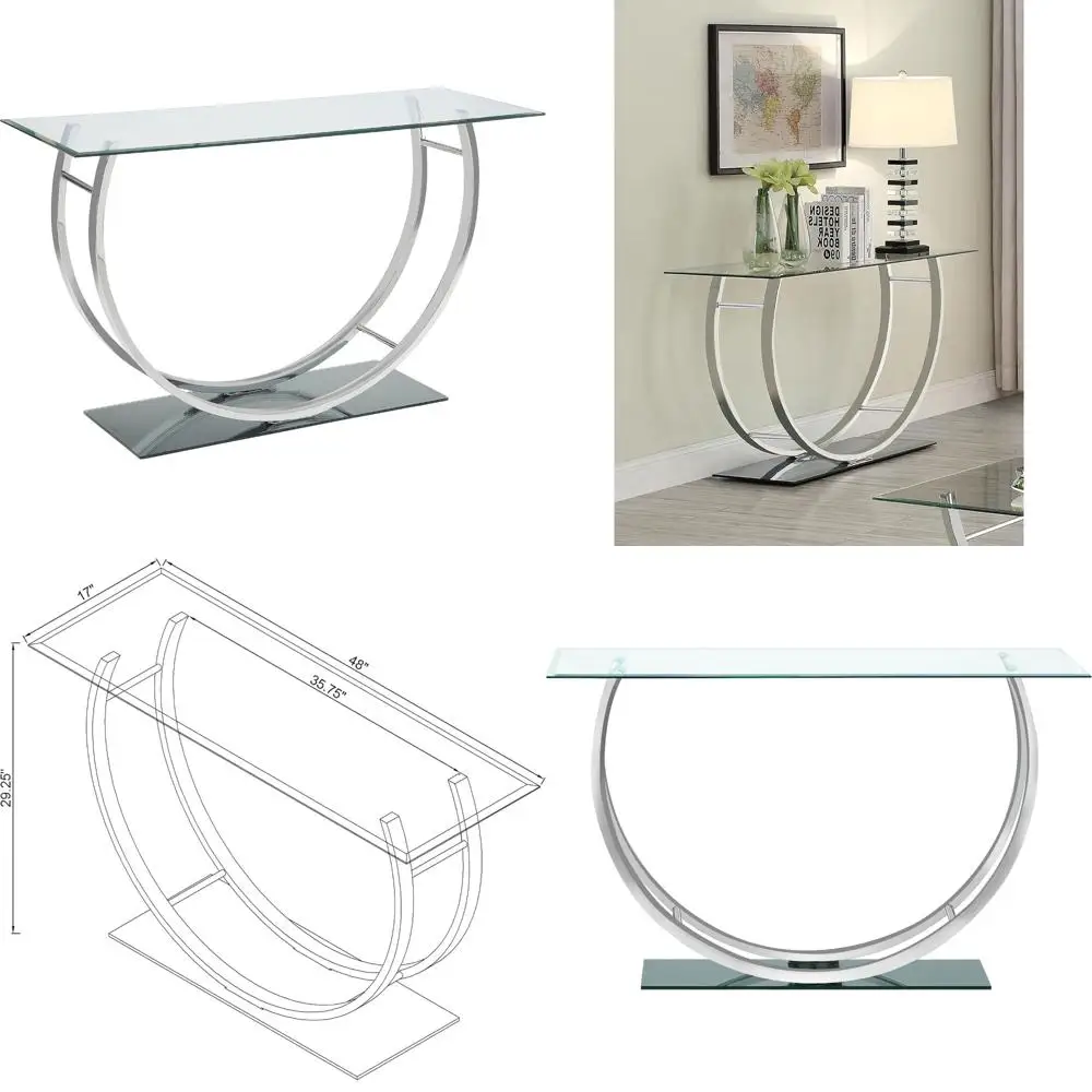 48-Inch Rectangular Metal and Glass Console Table with U-Shaped Mirrored Base