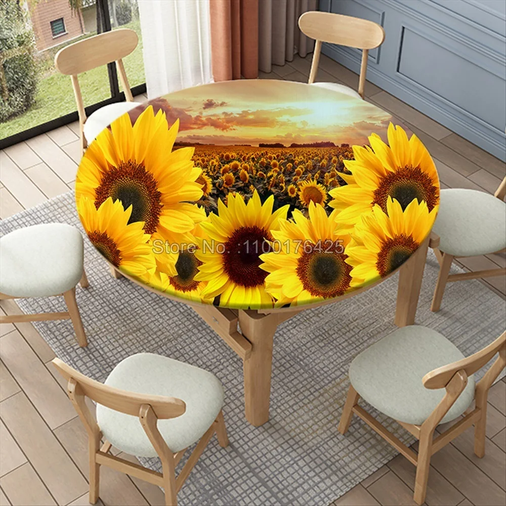 3D Printing Sunflower Round Tablecloth Fitted Elastic Waterproof Table Cover for Dining Table Accessories Outdoor Decor