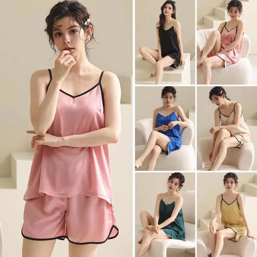 

Women Ice Silk Pajama Set Elegant Ice Silk Pajamas Set for Women V Neck Cami Top Shorts Sexy Ladies Lounge Suspenders Homewear