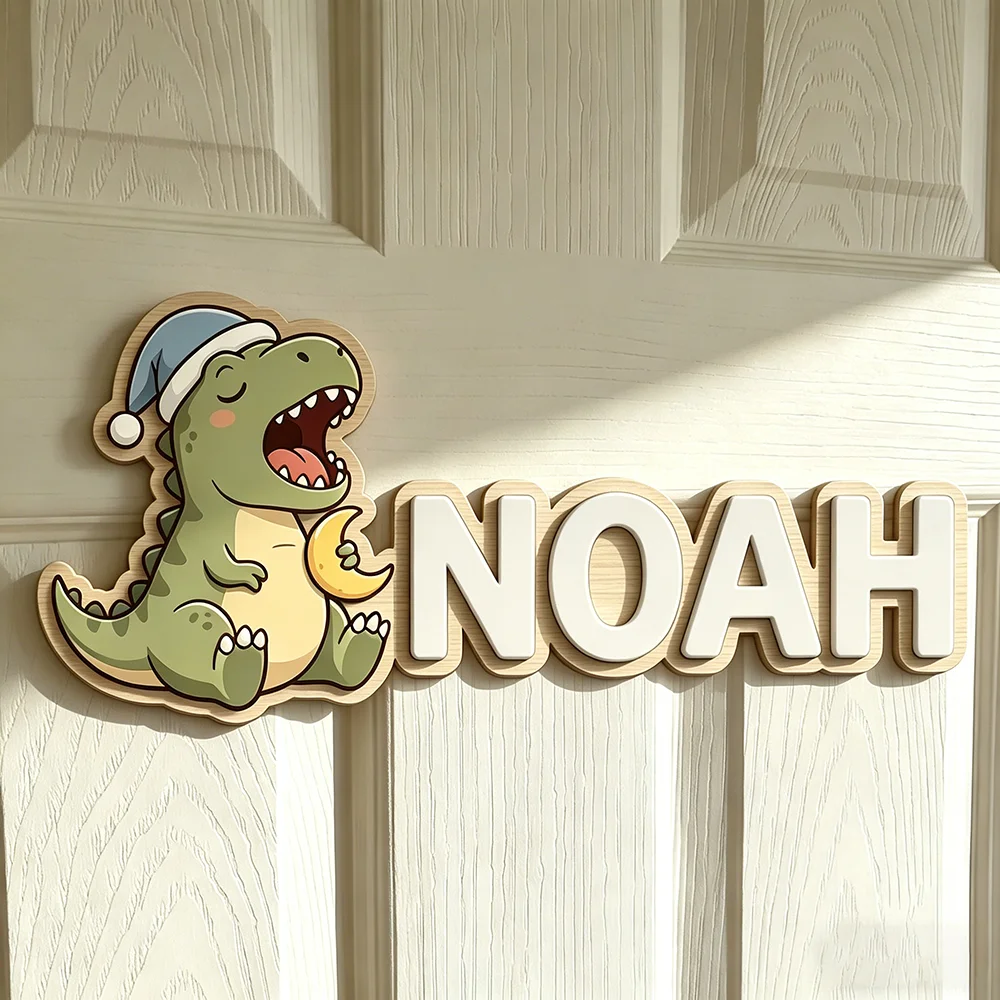 Whimsical Bedtime Dinosaur Custom Name Plaque for The Dearest Baby, Unisex Sleepy T-Rex Nursery Wall Decor