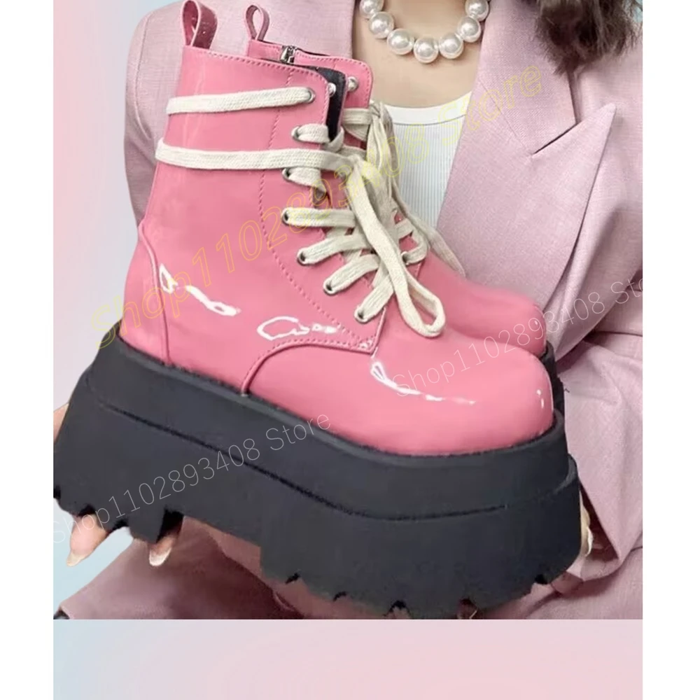 

Pink Thick Soled Front Lace-up Ankle Boots Patent Leather Round Toe Platform Side Zipper Women Shoes 2024 Zapatos Para Mujere