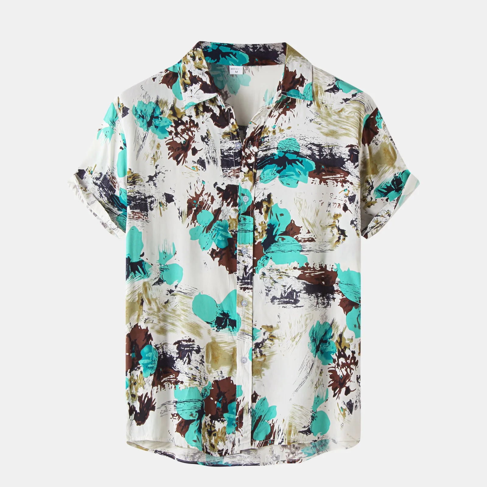 

Watercolor Beach Button Print Sleeve Short Shirt Turn-Down Men's Men Shirts Handsome Men Korean Fashion