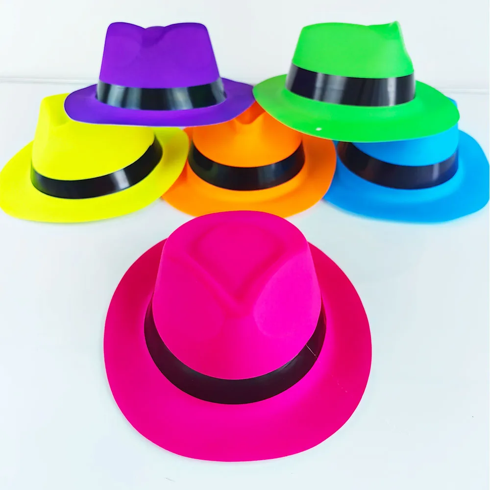 Cappelli da festa in plastica al Neon Fedora con cappelli in stile Gangster della famiglia UV Blacklight Glow Party forniture per feste per adulti