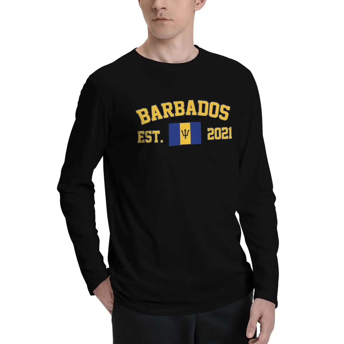 100% Cotton Barbados Flag With EST. Year Long Sleeve Autumn T shirts Men Women Unisex Clothing LS T-Shirt Tops Tees