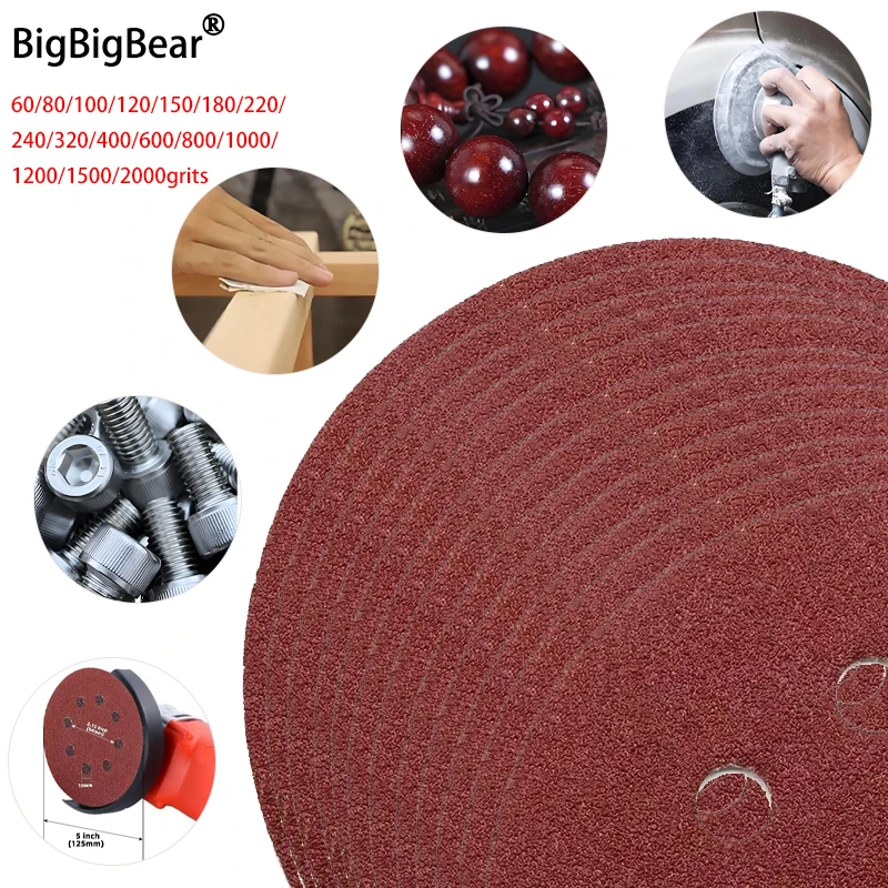 

5~100pcs Sanding Discs Sandpaper Pads 60Grits ~ 2000Grits 5" 125mm 8 Hole Hook Loop Sander Disc Abrasive Polishing Tools