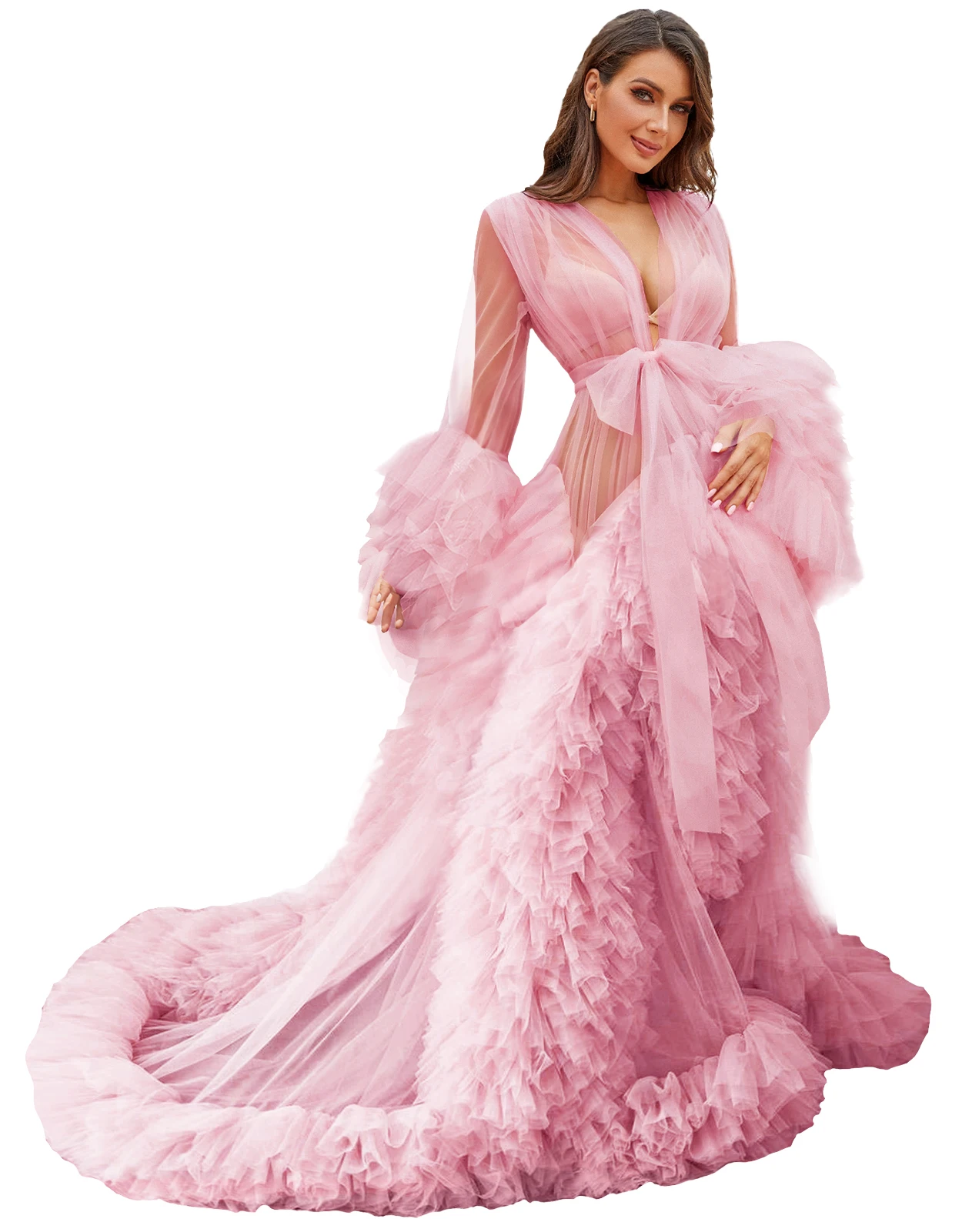 Maternity Babyshower Women Photo Robe Sexy V Neck Long Sleeves Ruffles Photo Shoot Bathrobe Pajamas Prom Bridesmaid Shawl