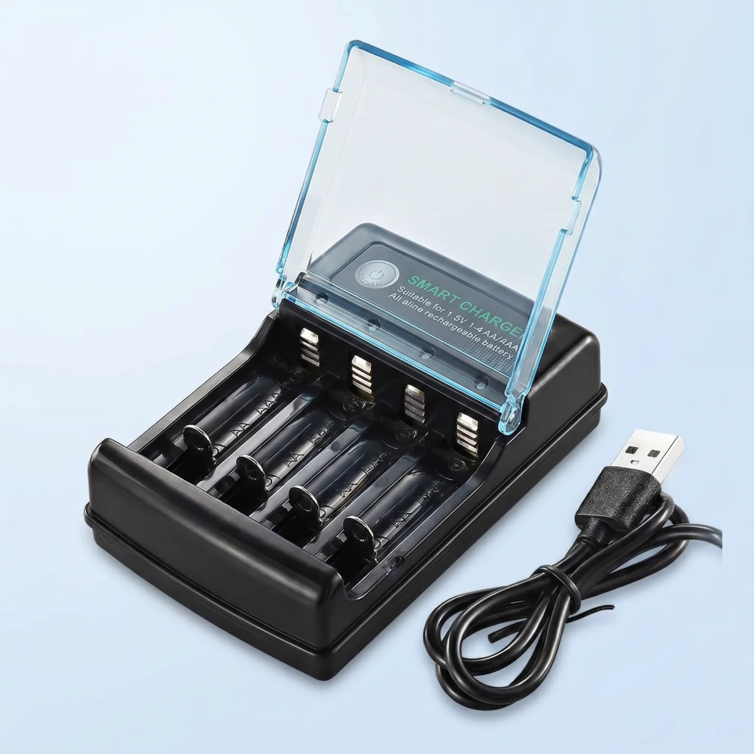 4 Slots USB Battery Charger Smart Independent Charging for 1.5V AA AAA Rechargeable Alkaline Batteries LED Indicator Fast Charging Station
