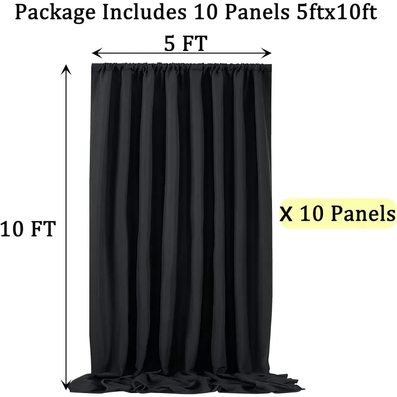 50ft X 10ft Black Backdrop Curtain Panels for Parties, Thick Polyester Wedding Black Photo Backdrop Drapes 10 Panels 5x10ft