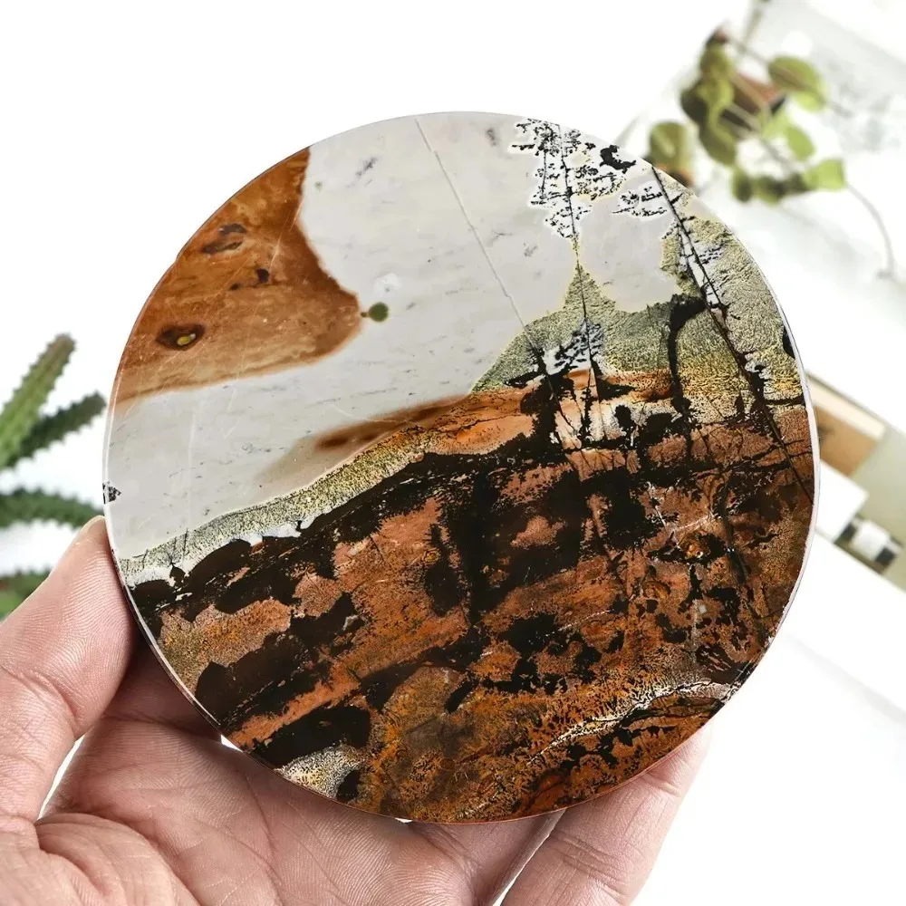 Natural Crystal Slate Guohua Stone Round Slice with Base, Spiritual Energy Healing Quartz, Chinese Painting Stone
