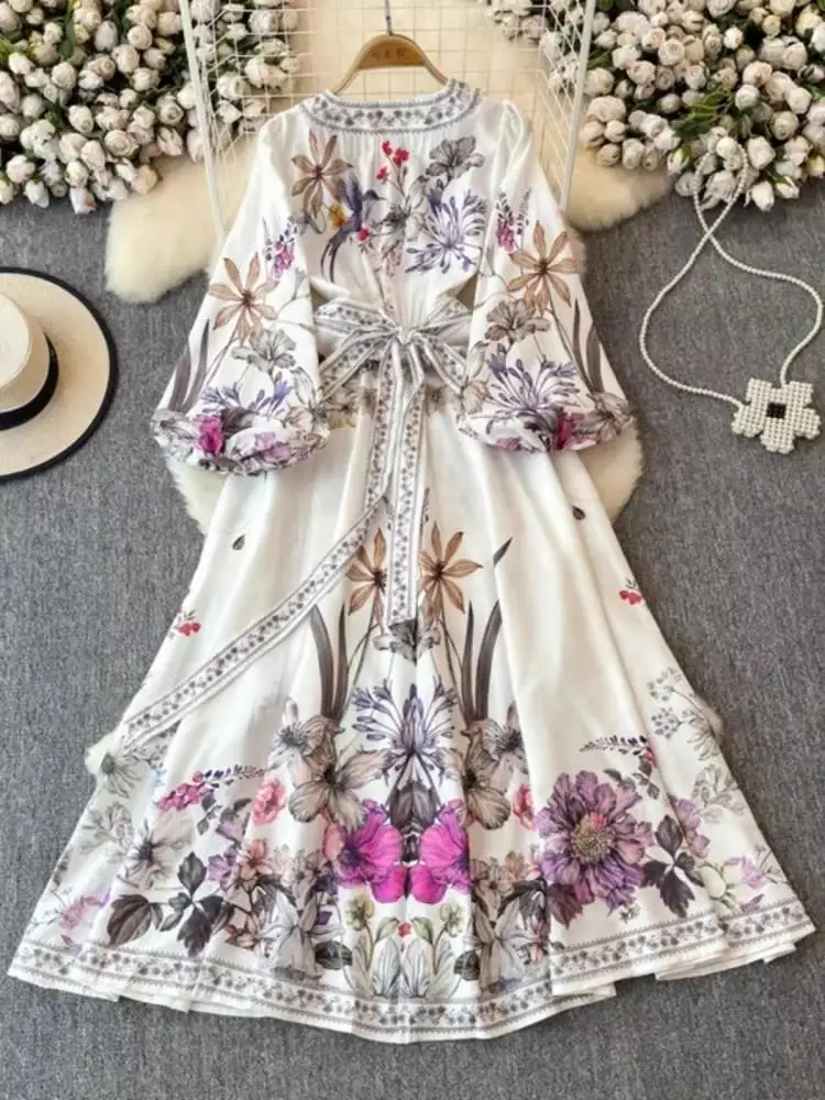 Abito da donna vintage con scollo a V incrociato manica lunga a lanterna con stampa floreale Autunno Bohemian Flower Beach A Line Belt Bandage Wrap Vestidos