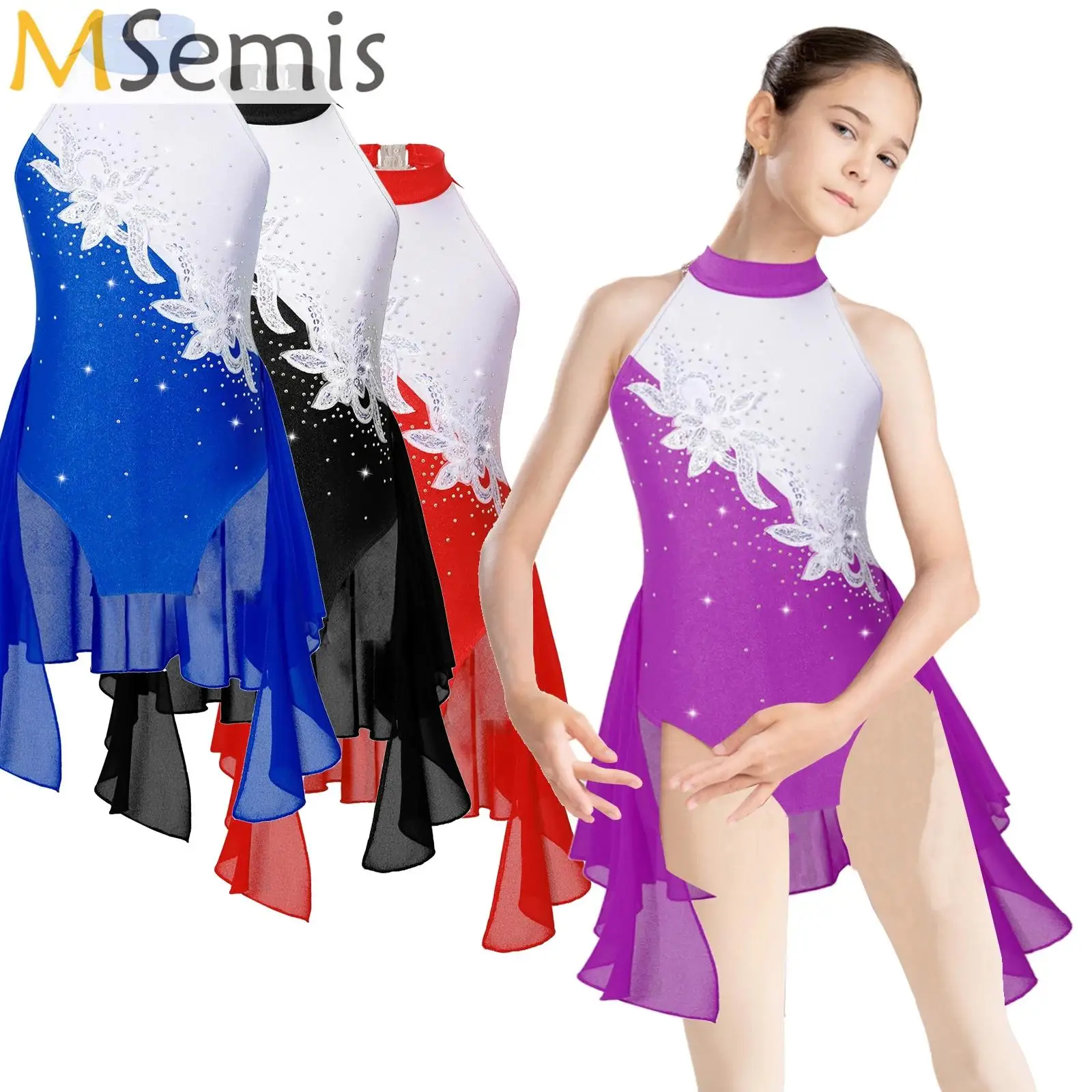 

Shiny Rhinestone Mesh Dancewear Kids Girls Rhythmic Gymnastics Ballet Jersey Lyrical Dance Figure Skating Performance Costume
