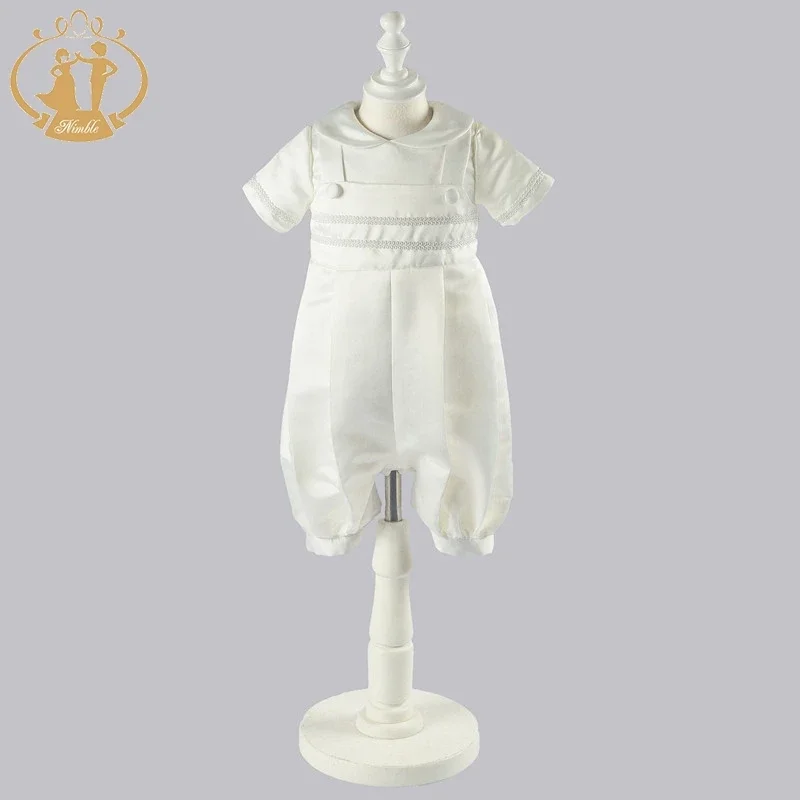 White Baby Boy Clothes Set Baptism Outfits Summer Solid Full Sleeve Bow Lace Christening Gown Newborn Gentleman Birthday