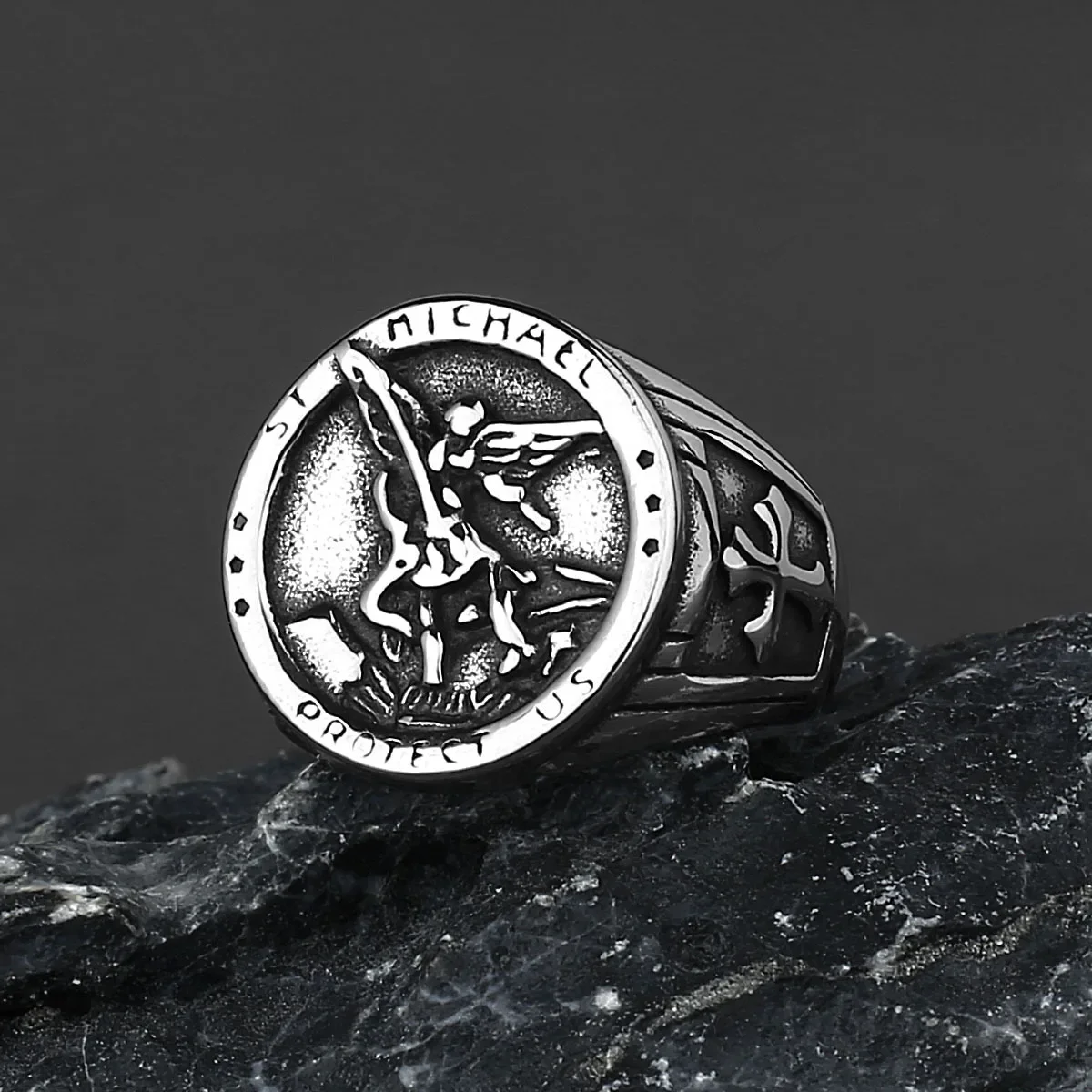 

New Design Stainless Steel St Christopher St Michael Ring Cross Renaissance Cross Vintage Jewelry For Men Wholesale
