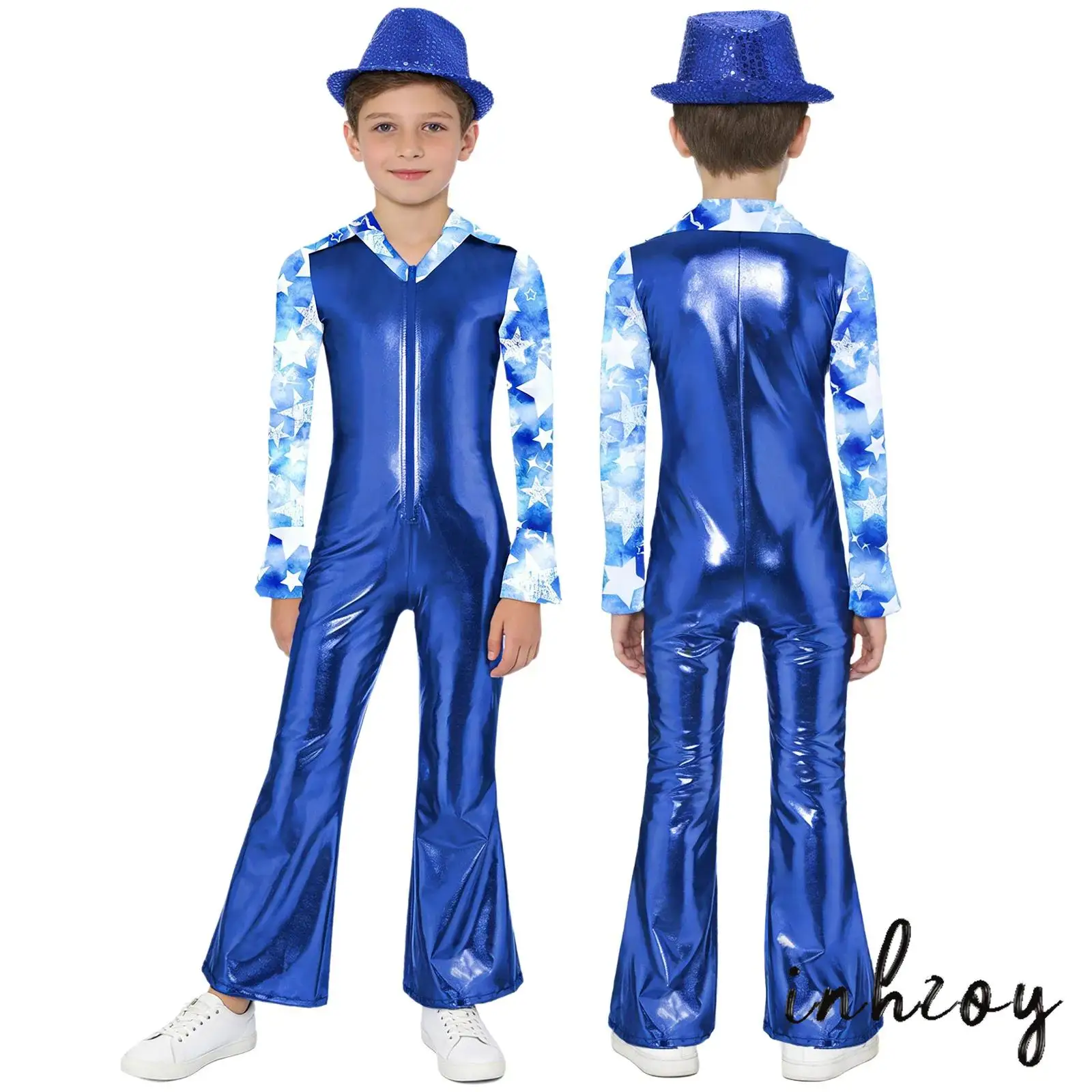 

Kids Disco Jumpsuit Set Boys Shiny Metallic Lapel Collar Long Flared Sleeve Front Zipper Bell Bottom Pants Unitard with Hat