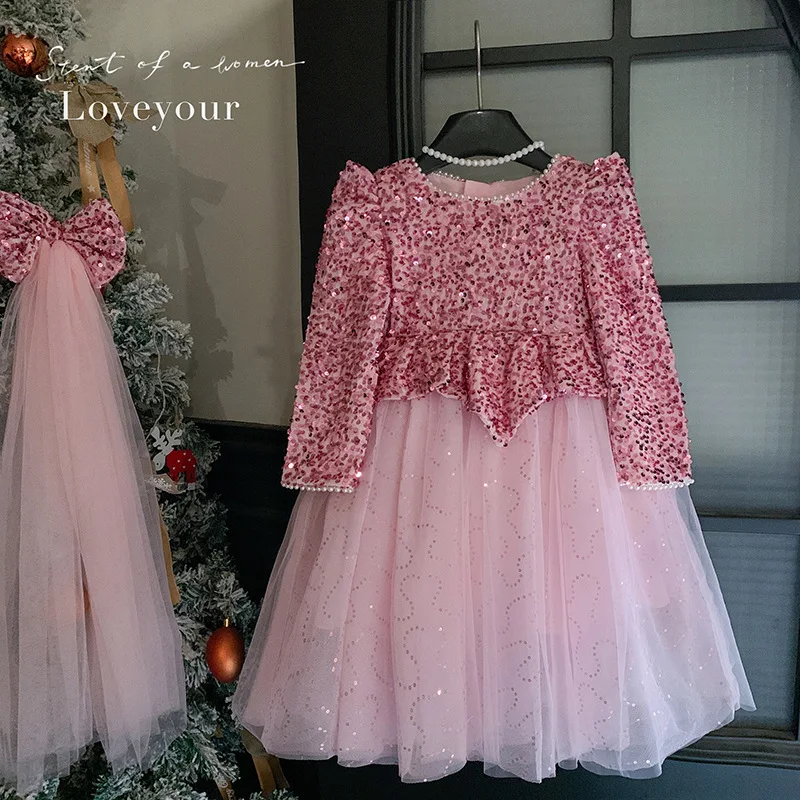 

Girls' Dress Autumn Winter Sequin Fleece High-end Children's Puffy Gauze Stylish Birthday Dress Princess Dress