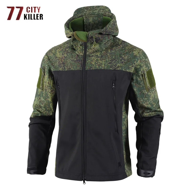 

New Patchwork Soft Shell Tactical Hooded Jackets Mens Outdoor Waterproof Multiple Pockets Fleece Windbreak Male Caots Autumn