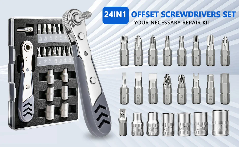 24-in-1 Winkelschraubendreher, 36-Zahn Magnetischer Ratschenschlüssel, Flaches Offset-Werkzeug für Enge Räume, Reparaturset – Detail 1