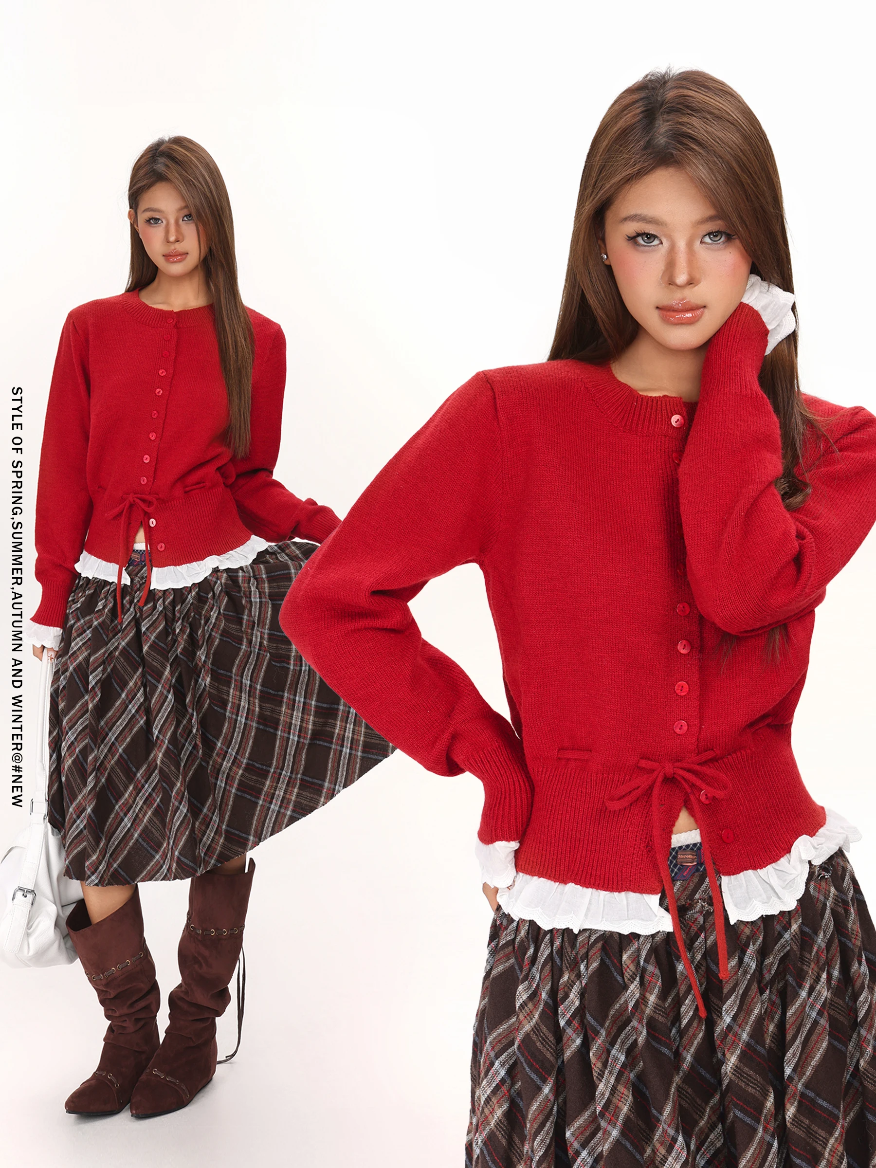 

Color Blo Hem Lace Knitwear Women's Spring Autumn Fake Two-Piece Red Open Cardigan Dstring Waist Slim Fit Casual Sle